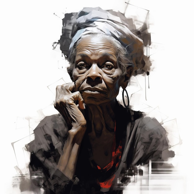 Mujer vieja negra pensando y dudando ilustración pintada al óleo personaje femenino con rostro soñador en fondo abstracto Ai generó un cartel brillante de lienzo acrílico