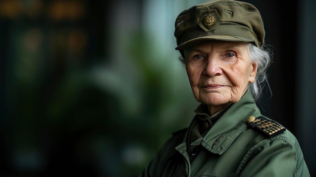 Mujer vieja en uniforme militar