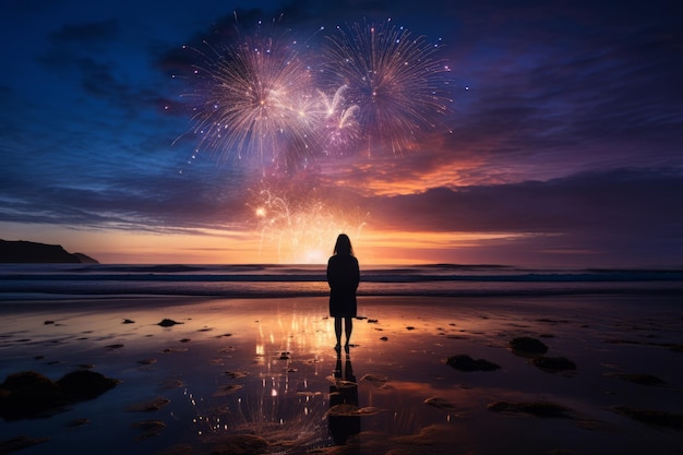 Foto una mujer viendo fuegos artificiales sola en la playa