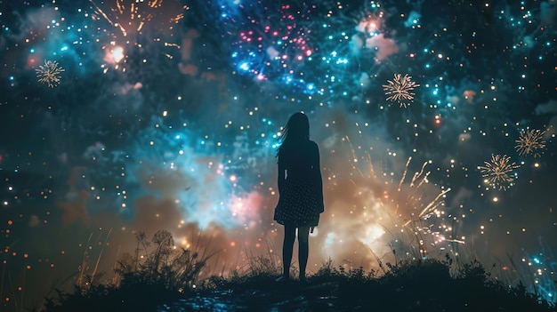 Foto una mujer está viendo los fuegos artificiales en la vista trasera