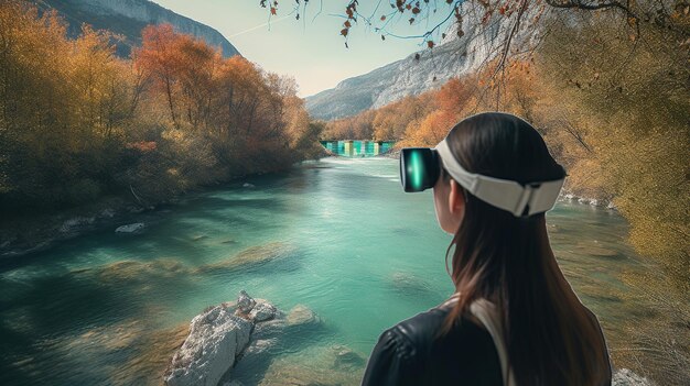 Mujer viendo un hermoso panorama natural con un río en VR concepto de viaje virtual generativo ai