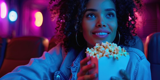 mujer viendo una película en el cine comiendo palomitas de maíz ai generado