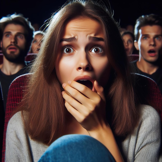 Mujer viendo una película con expresión de choque