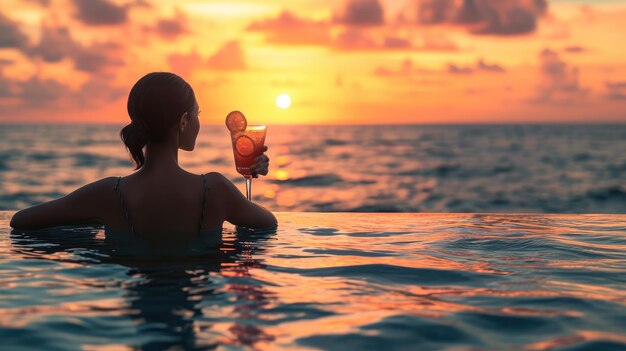 Mujer viendo la puesta de sol con un cóctel en una piscina infinita