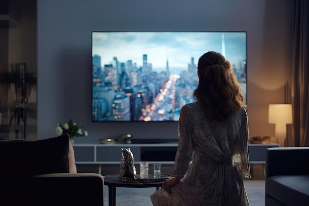 Mujer viendo la televisión en la vista trasera AI generativa