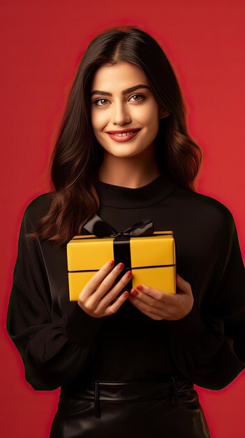 La mujer del Viernes Negro con la caja de regalos felizmente sorprendida