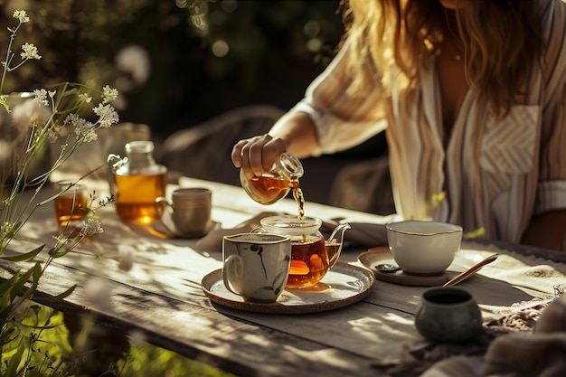 Una mujer vierte té en una mesa al aire libre