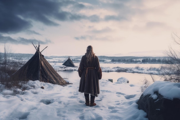 Mujer vikinga campo nieve asentamiento Generar Ai