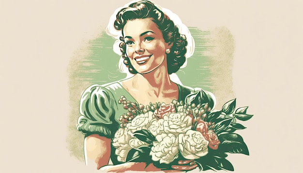 Mujer vintage de buen aspecto que sostiene un ramo de flores sonriente y emocionada Ideal para carteles del Día de la Madre volantes IA generativa