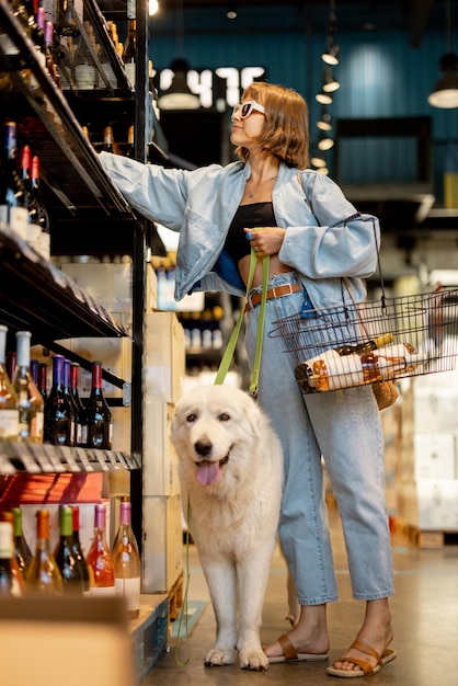 Mujer visitando una tienda de vinos con su perro