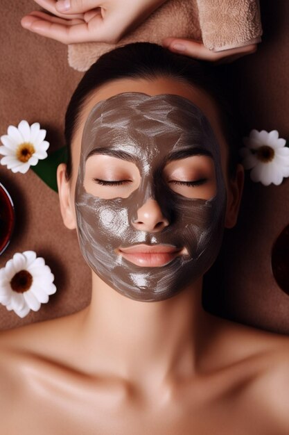 La mujer de la vista superior se relaja con una máscara facial en la cara