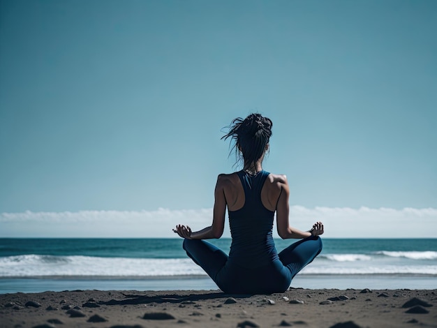 Mujer vista trasera practicando yoga en la orilla del mar ai generativo