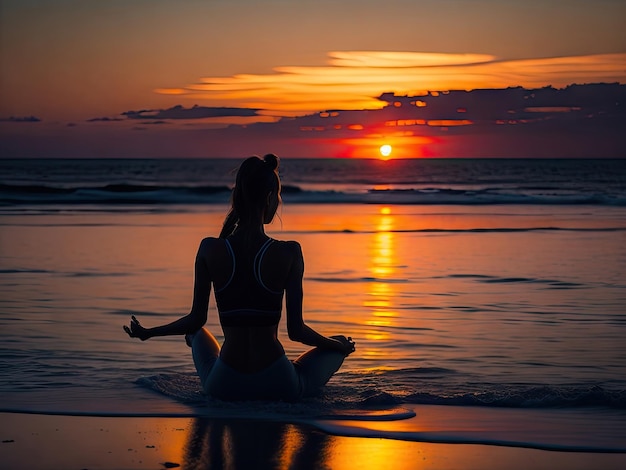 Mujer vista trasera practicando yoga en la orilla del mar al atardecer ai generativo