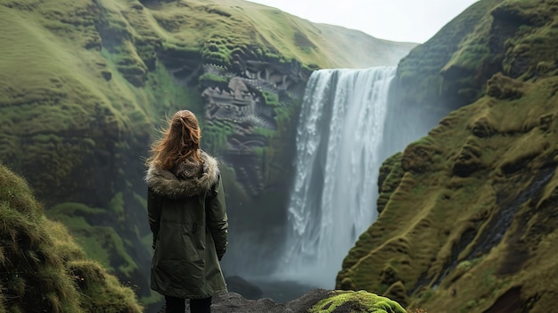 Mujer con vistas a la cascada de skogafoss Islandia Ai generativa