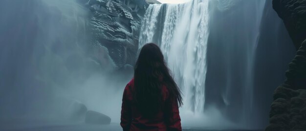 Mujer con vistas a la cascada en Skogafoss Islandia La isla de Skogafuss