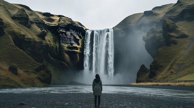 Mujer con vistas a la cascada en Skogafoss, Islandia