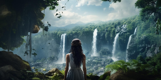 Mujer con vistas a la cascada con vegetación alrededor de 8k realista