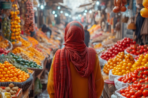 Foto mujer con vistas a los coloridos puestos del mercado