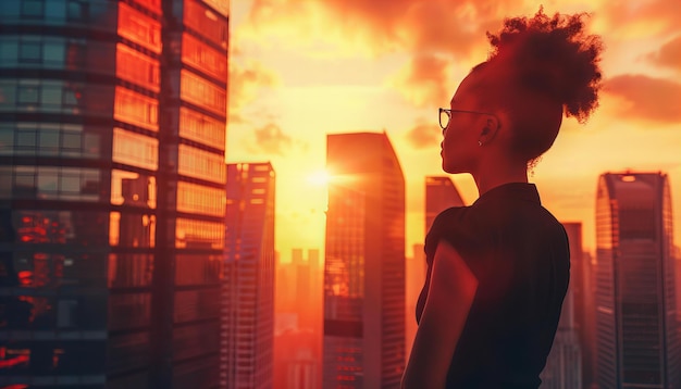 Foto mujer con vistas a la salida del sol de la ciudad