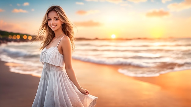 mujer vistiendo un vestido en la playa hermosa composición imágenes pho con ai generada