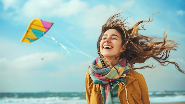 Foto una mujer está volando una cometa en la playa