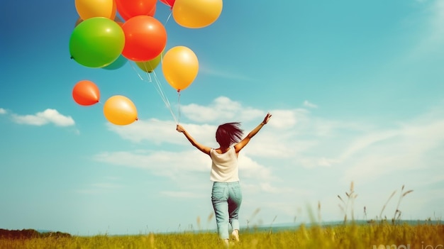 una mujer volando con globos en un campo