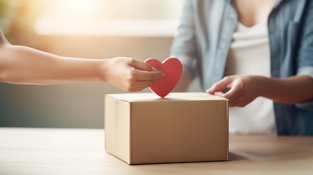 La mujer voluntaria dando corazón rojo en una caja de donacionesConcepto de caridad