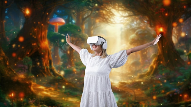 Mujer con VR estirando los brazos obteniendo fresco en el cuento bokeh neón contraptación