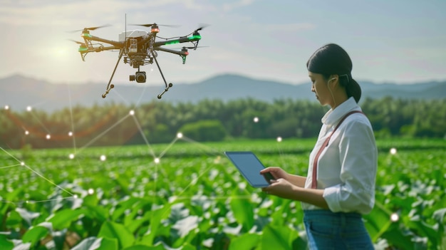 Una mujer vuela un dron sobre un campo cubierto de hierba haciendo gestos AIG41