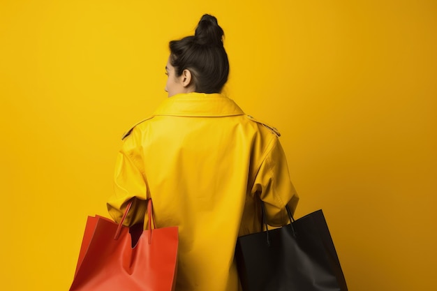 Mujer de vuelta con bolsa de compras concepto de ventas fondo amarillo ilustración digital IA generativa