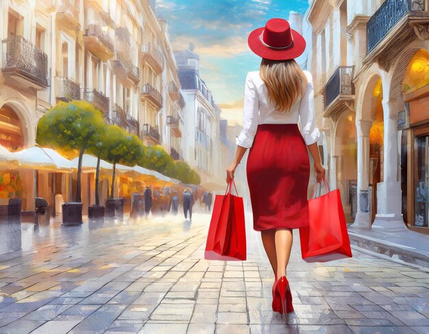 Foto una mujer de vuelta a la cámara en bombas rojas va de compras en el espacio de copia de la ciudad a la izquierda para su t