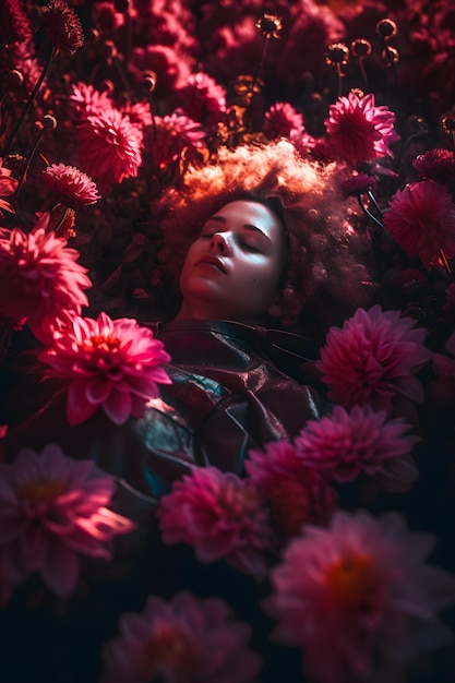 Una mujer yace en un lecho de flores.