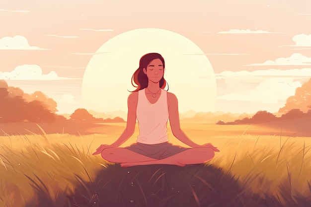 mujer yoga al aire libre en pradera ilustración aislada