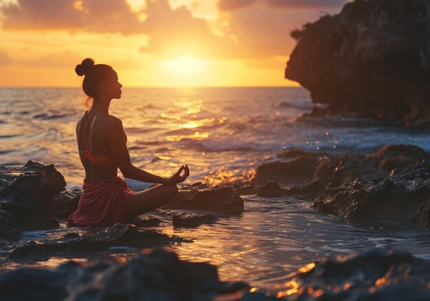 Mujer de yoga meditando en la playa al atardecer Estilo de vida saludable