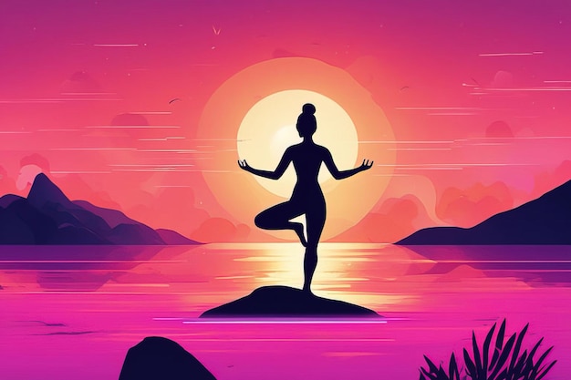 Mujer de yoga meditando en pose de loto en la ilustración de vector de montañas