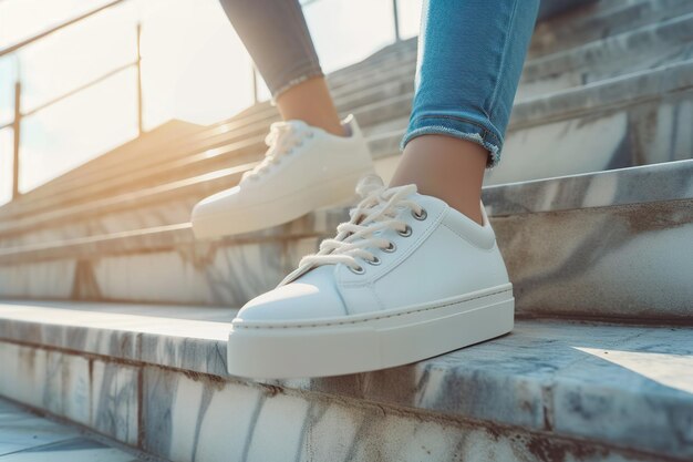 Mujer con zapatillas blancas de moda subiendo escaleras de hormigón