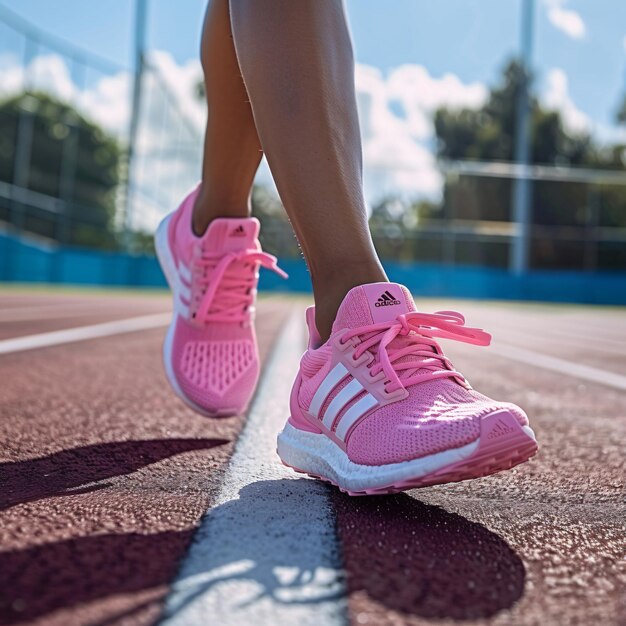 Foto una mujer con zapatillas rosadas está corriendo en una pista