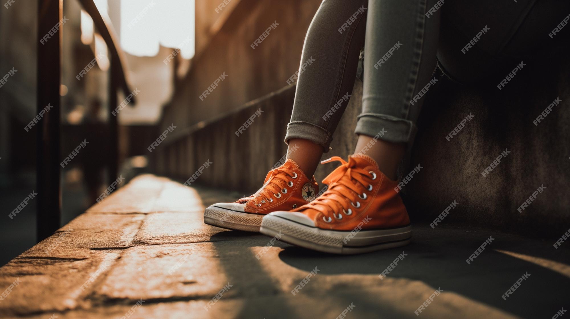 Una con zapatos converse naranjas se sienta en una acera. | Foto Premium