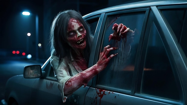 La mujer zombie de terror con la cara ensangrentada en la ciudad nocturna del coche