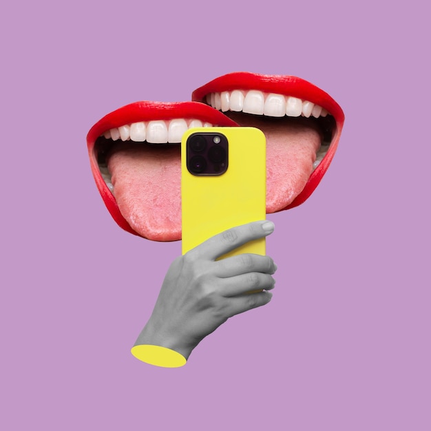 Foto mujeres abren la boca con la lengua sosteniendo un teléfono móvil amarillo riendo mientras ven un video divertido corto