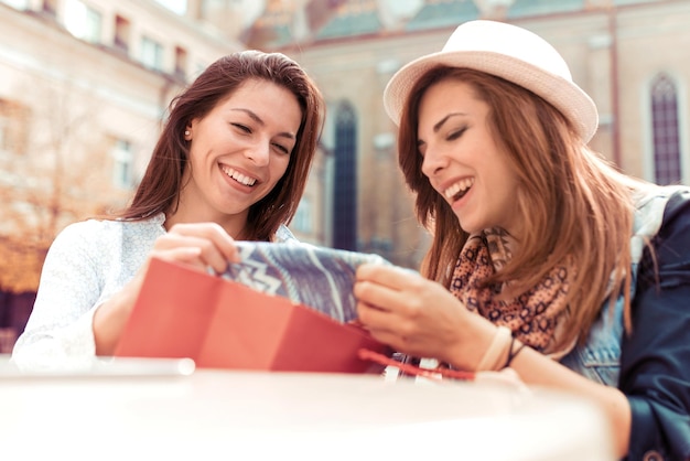 Mujeres adictas a las compras felices revisando ropa en el café