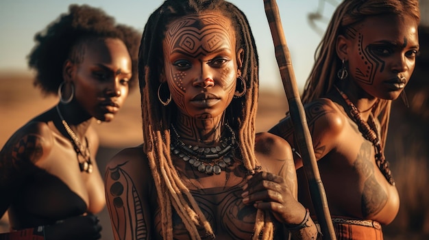 Mujeres africanas con tatuajes culturales maquillaje cosméticos y arma de lanza de piedra de madera