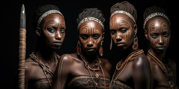 Mujeres africanas con tatuajes culturales maquillaje cosméticos y arma de lanza de piedra de madera