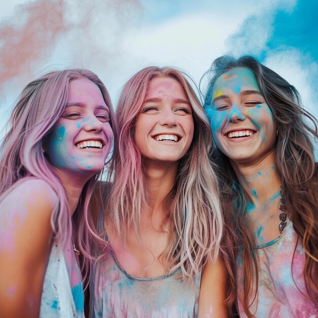 Mujeres alegres celebrando Holi con polvo de colores