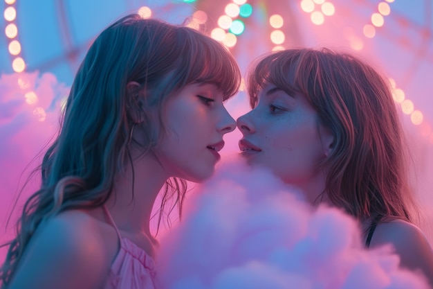 Mujeres con algodón de caramelo y una rueda gigante iluminada en el fondo a punto de besarse