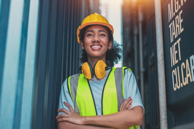 Mujeres americanas de color Trabajar en un área de patio de envío internacional Servicio de entrega de exportación e importación con contenedores