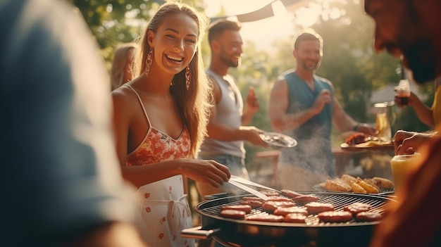 Mujeres y amigos felices asan barbacoa durante la fiesta en el patio trasero