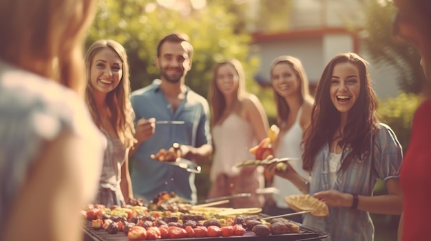 Mujeres y amigos felices asan barbacoa durante la fiesta en el patio trasero