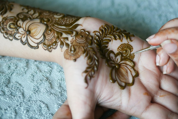 Mujeres aplicando henna en la mano