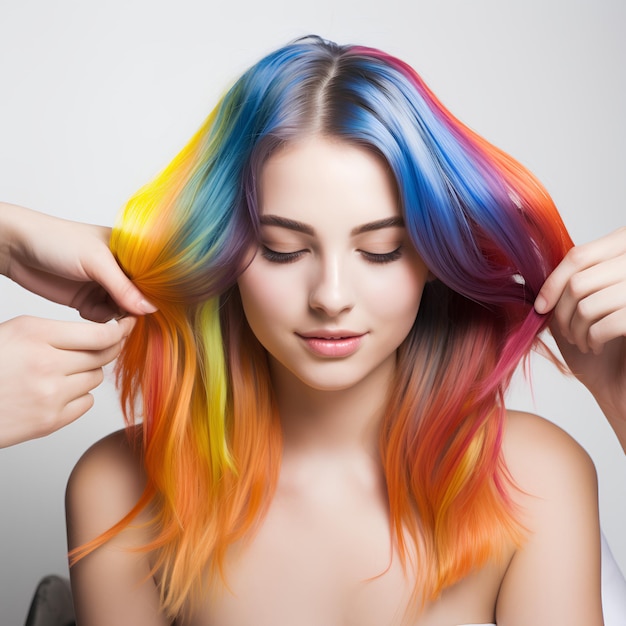 Mujeres aplicando tintes para el cabello en un fondo blanco